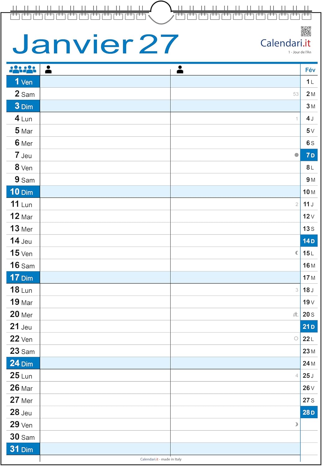 Calendrier 2027 familial mural organisateur familial - 30 x 42 cm - Format A3 (5 colonnes) - Mise en situation et utilisation