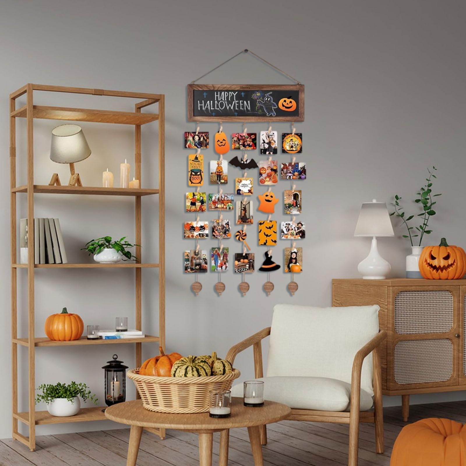 Fotowand mit 30 Clips Bilderrahmen Collage mit Tafel aus Holz | Rustikaler DIY-Stil, Für Wand und Raum Dekoration, Für Weihnachten Geburtstag und Partys