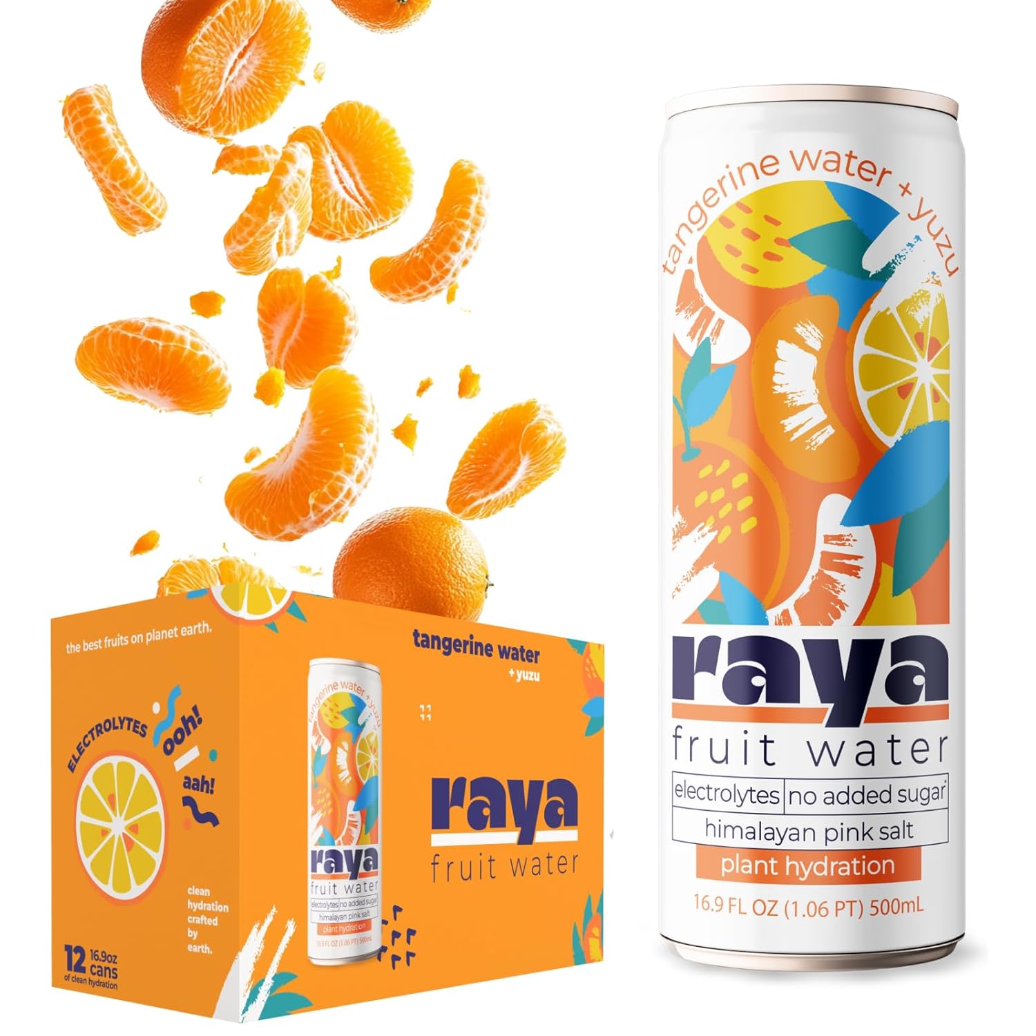 Raya Fruit Water, Tangerine + Yuzu, 16.9 fl oz (12-Pack) – 45% Juice, No Added Sugar, Rich in Vitamin C & Electrolytes, Non-Carbonated Plant-Based Hydration