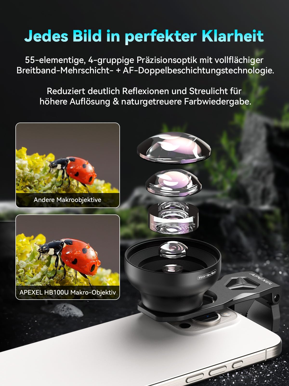 APEXEL 100Ultra Makro Objektiv mit Ringlicht, verbesserte Version des Objektiv für Handy für iPhone, Samsung, Pixel