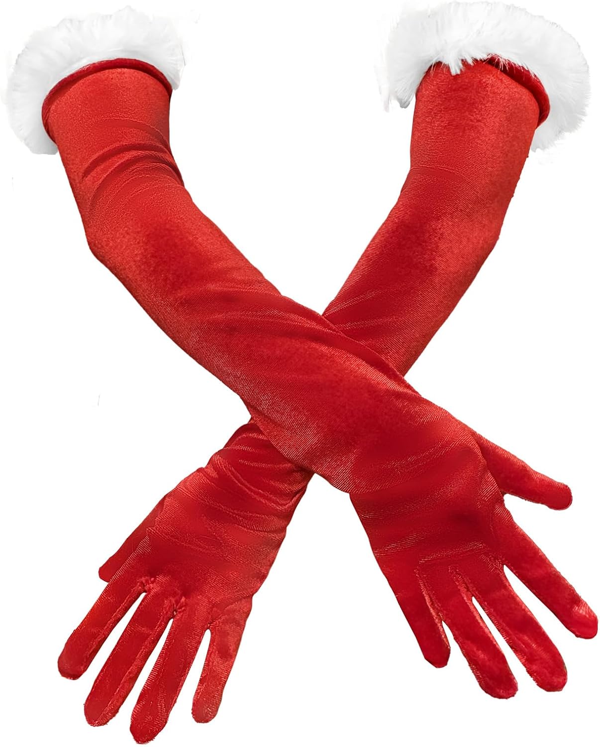 Women Red Long Velvet Gloves with White Furry Cuff Elbow Length Finger Gloves Christmas Santa Party Costume