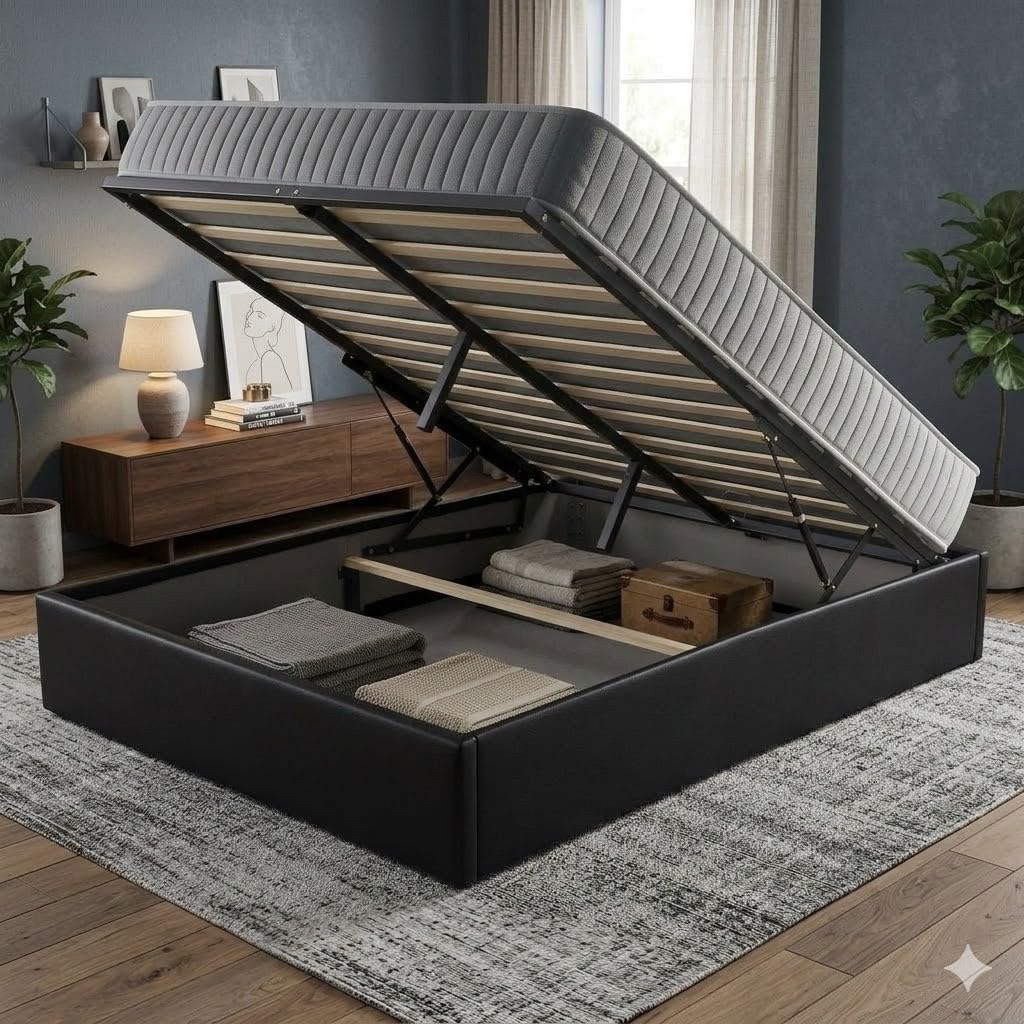 Ensemble Lit Coffre et Matelas 120x190 cm - Couleur : Noir - Sommier Relevable avec Grand Coffre de Rangement et Vérins Hydrauliques - Matelas Latex Soutien Ferme - Lit Coffre Déhoussable Moderne