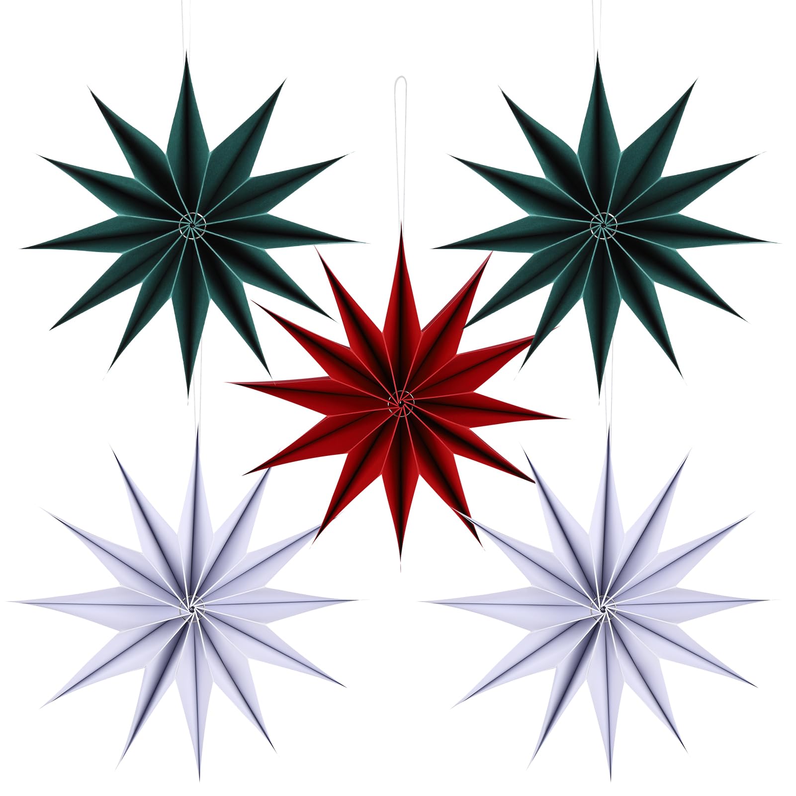 12 Inches 5 PCS Red Green White Paper Star Lanterns Hanging Stars Christmas Party Decorations Hanging Lampshade Christmas Wedding Birthday Christmas Home Party Decorations(12 Pointed)