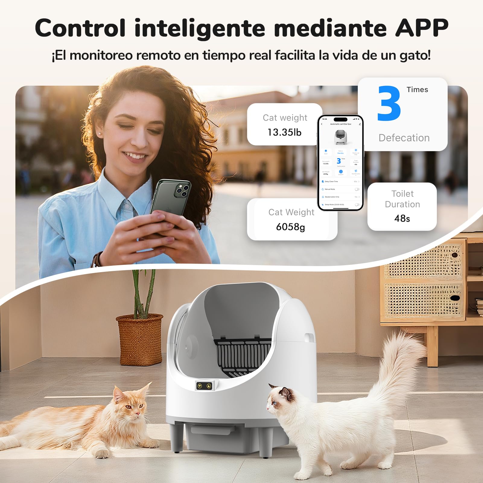 Arenero Gatos Autolimpiable, 65L Grande, Arenero Autolimpiable para Gatos eléctrica, Caja de Control de Arena extraíble, Control de Olor/aplicación, Entrada Baja, Seguro sin olores, para Varios Gatos