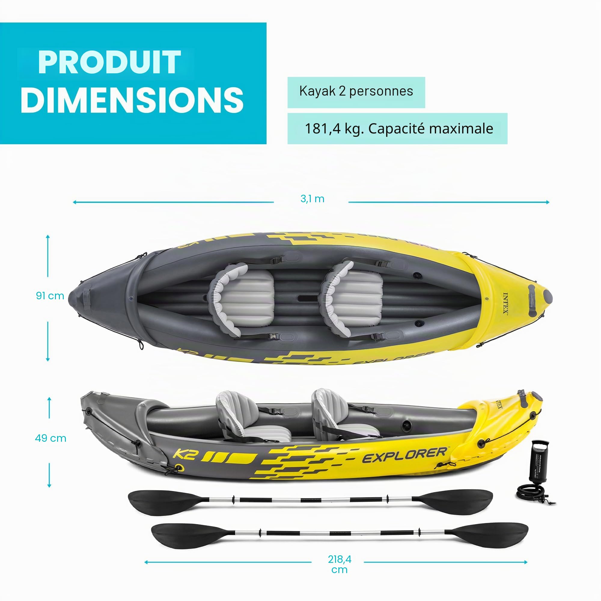 Ensemble de 2 Places INTEX Explorer K2 Kayak, Kayak Gonflable avec rames en Aluminium et Pompe à air Haute Puissance