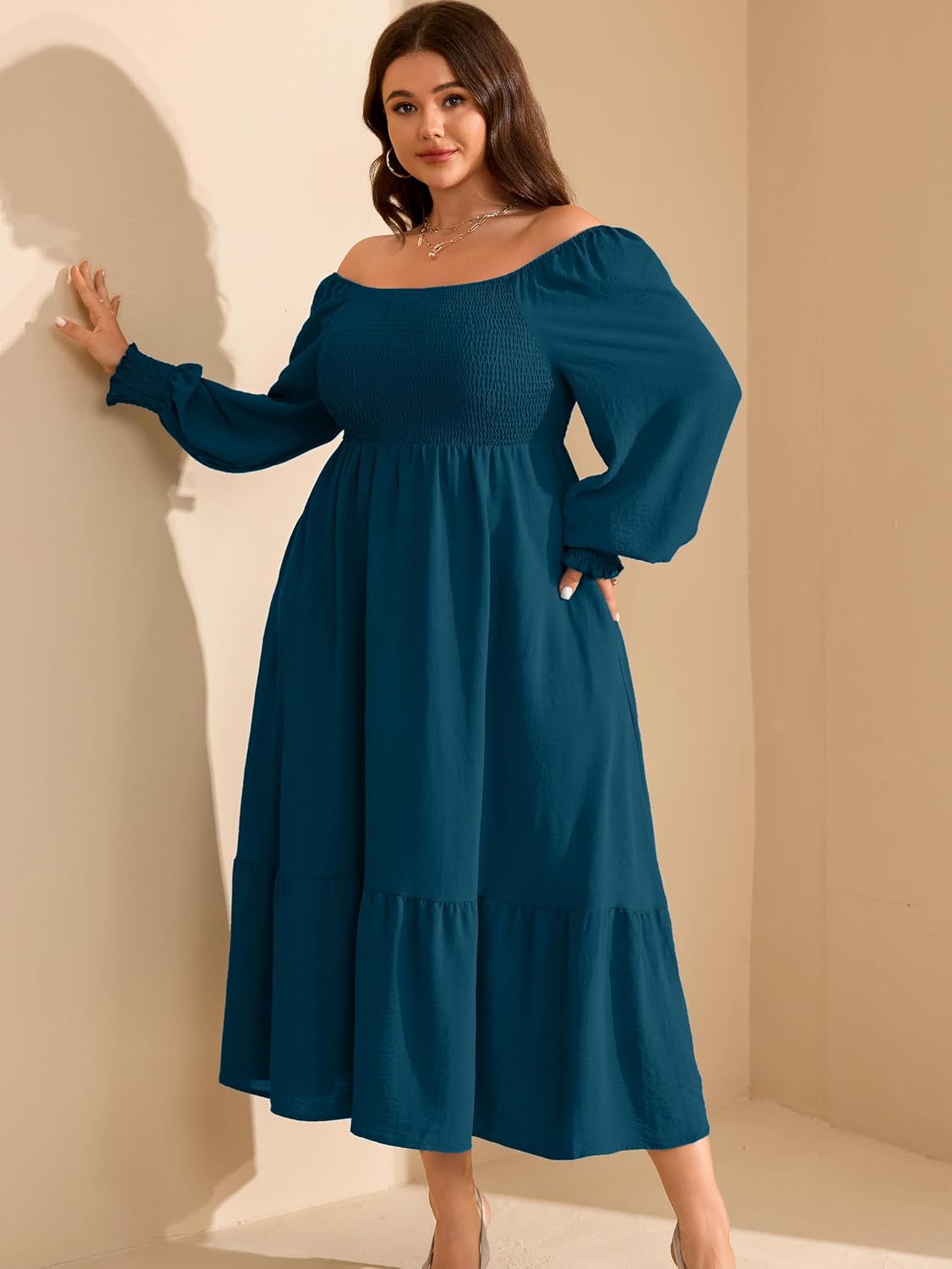 RWJ Women Plus Size Fall Dresses Long Sleeve Smocked Boho Floral Maxi Dress image 5
