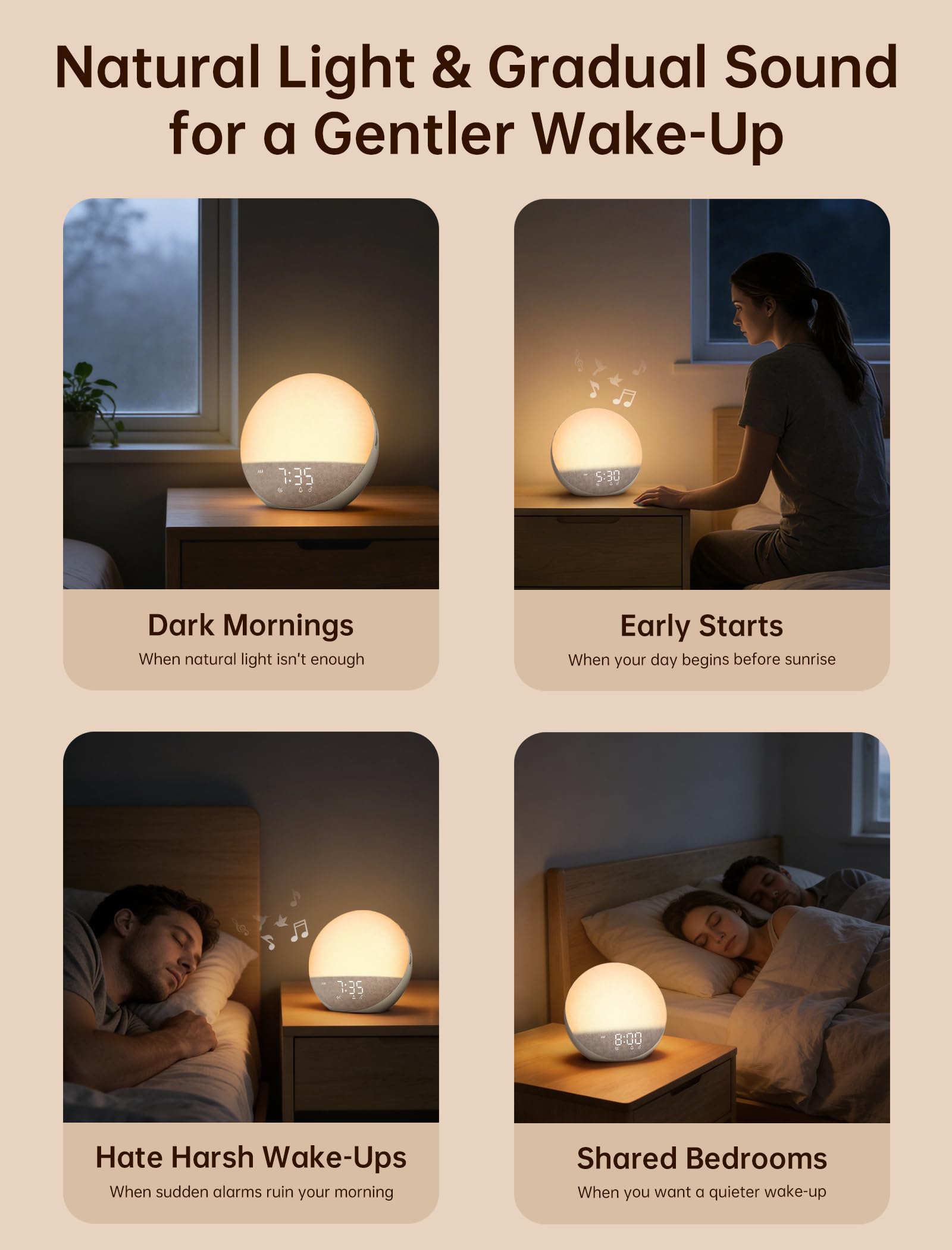 Odokee Reloj despertador Sunrise con máquina de sonido: luz de despertador suave y 7 sonidos de alarma para dormitorio, 3 modos de despertar y 32 niveles de volumen para masilla matutina sin estrés