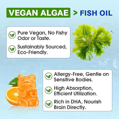 Miniatura 5 de Gomitas Omega-3 Potente fuente de algas omega, aumenta el cerebro, los ojos y la función inmunológica, con DHA y EPA Vegano y sin azúcar, sabor