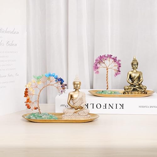 Vista 3 de INNOLITES Juego de 7 chakras de árbol de cristal y estatua de Buda, decoración de meditación de yoga, árbol del dinero y estatuas de Buda