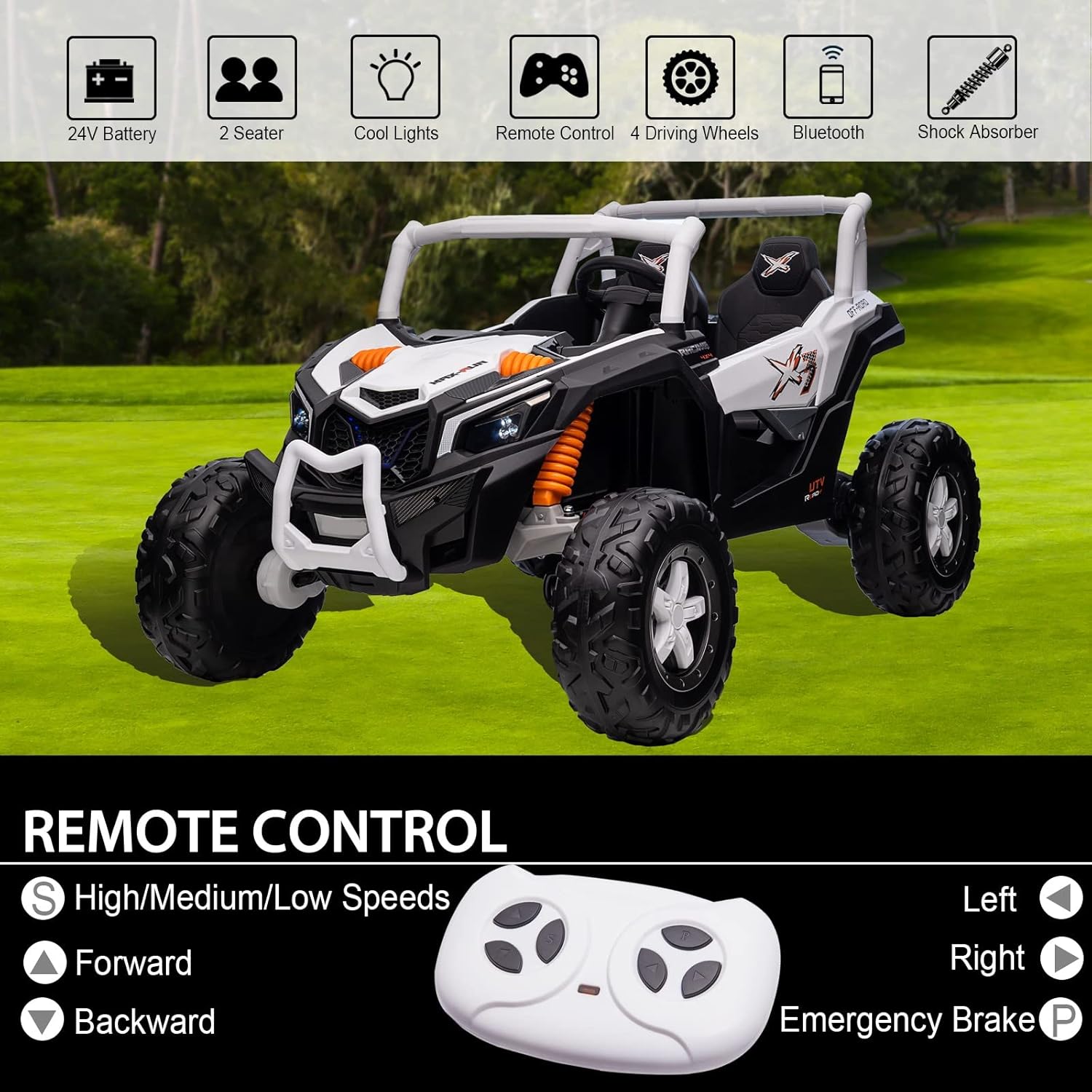 24V Side by Side Ride On UTV, Battery Powered Electric Car for Kids 3-12yrs with Rubber-Plastic Polymerized EVA Tire 4WD Off-Road Truck 2-Seater XXXL Ride On Car w/Remote Control, White