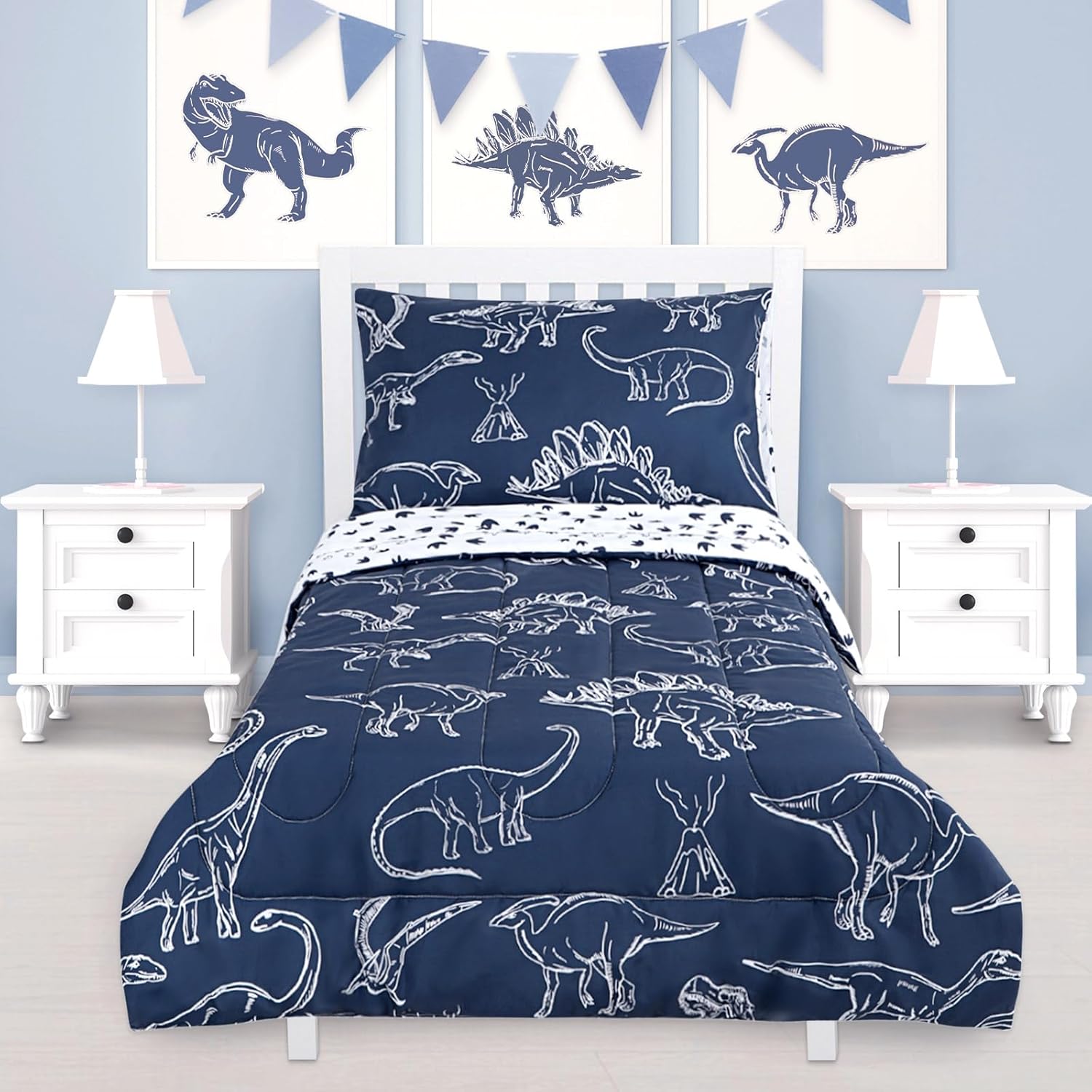 4 Pieces Dinosaur Toddler Bedding Set for Boys, Soft Breathable Toddler Comforter Set, Dino Print Navy, Includes Reversible Comforter, White Fitted Sheet and Flat Sheet, Pillowcase