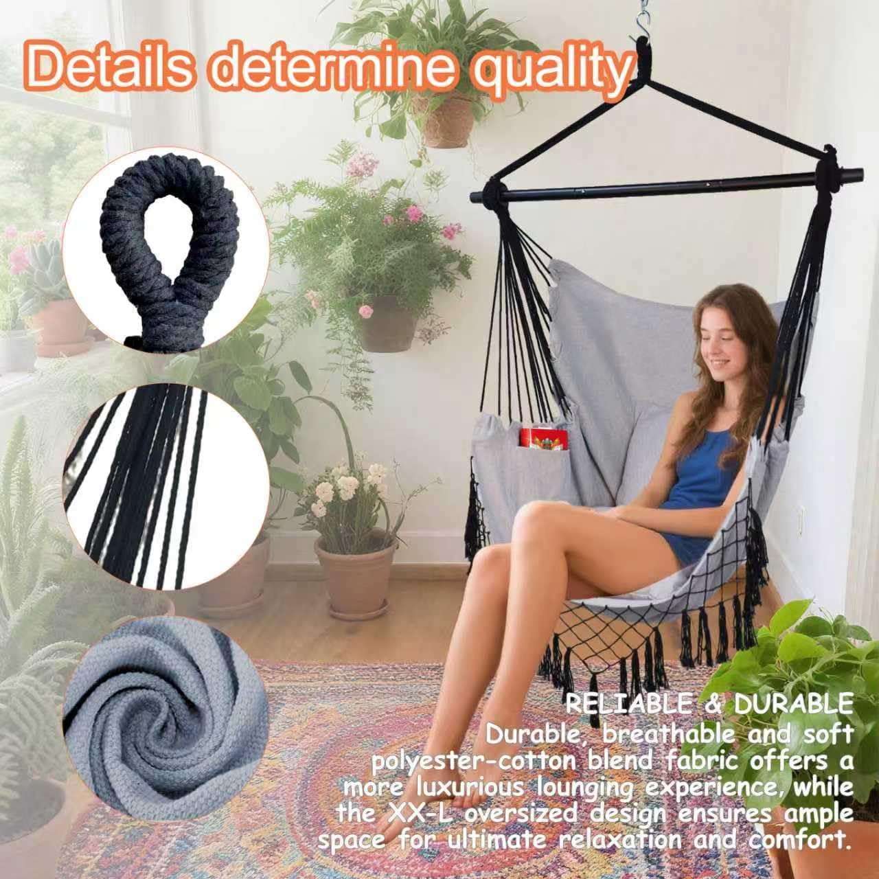 Hammock Chair Hanging Rope Swing Chair,Max 450 Lbs, Large Hanging Chair with Pocket, 2 Cushions, Removable Steel Bar, Hardware Kit Included, Superior Comfort for Indoor Outdoor (Dark Grey)