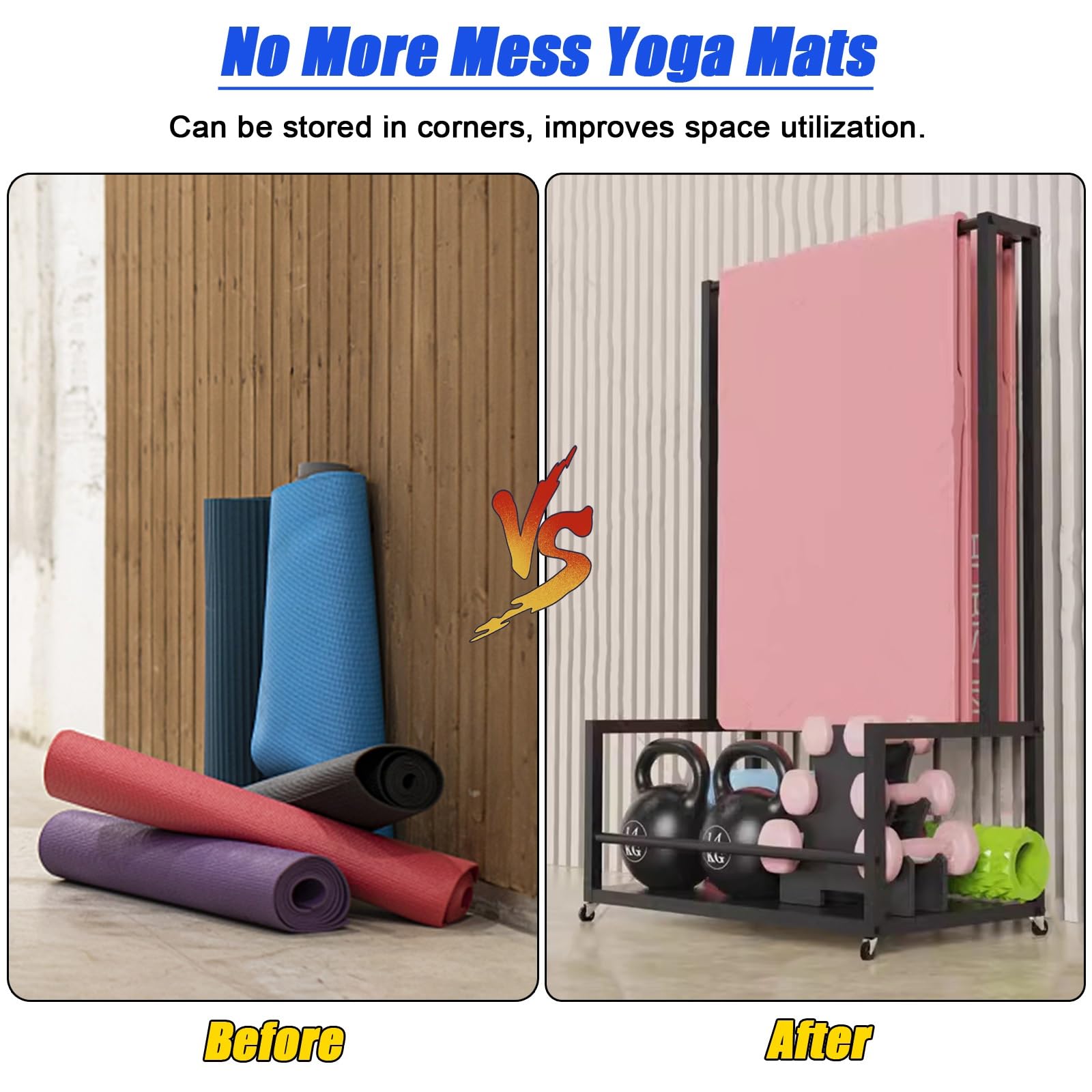 Soporte para Esterilla de Yoga, Expositor móvil para esterillas de Yoga - Organizador metálico de pie para esterillas de Pilates y Bloques de Yoga, solución de Almacenamiento Ideal para CLAS