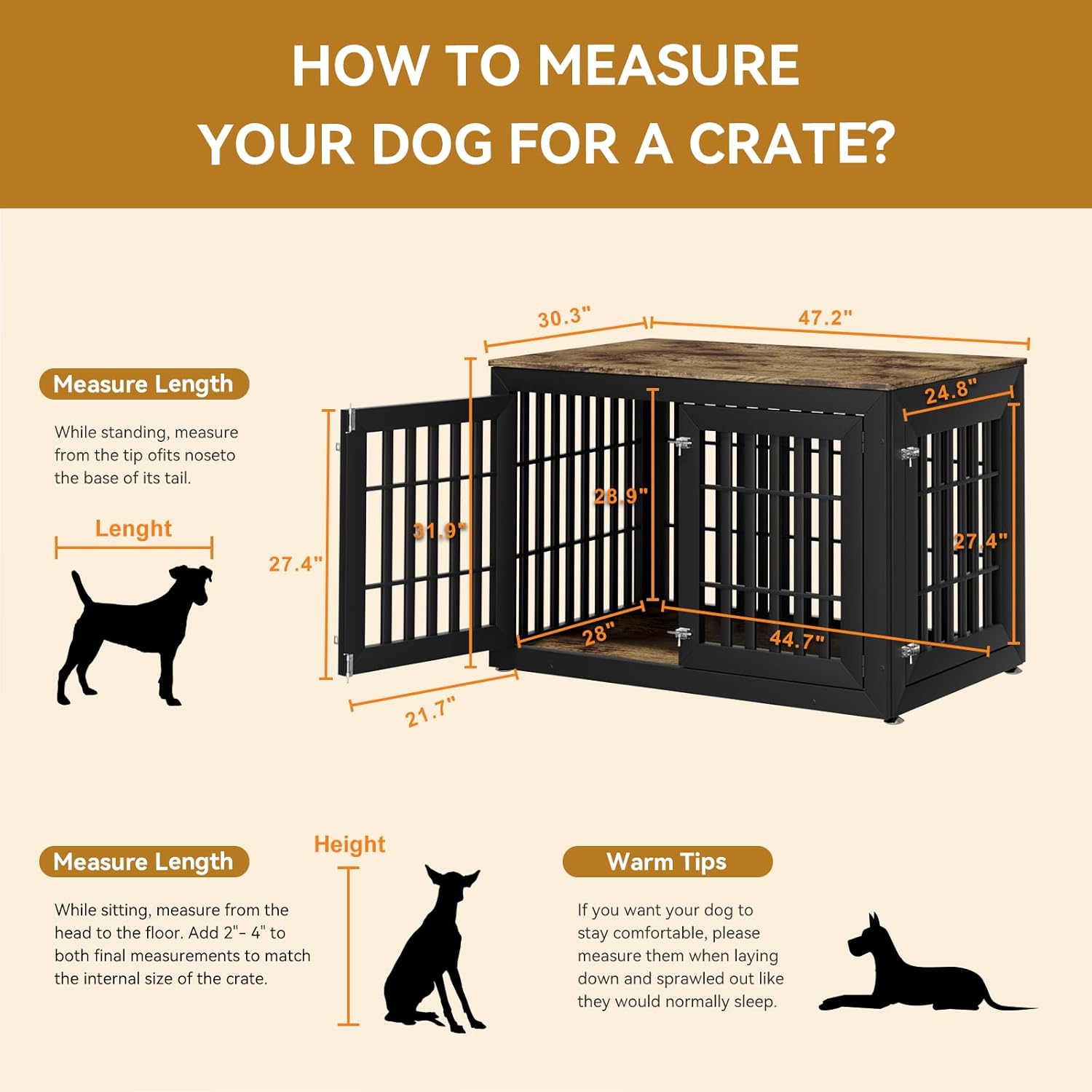 48 Inch Heavy-Duty Dog Crate Furniture, Decorative Wooden End Table Kennel with Waterproof Top & Wide Metal Tubes, for Large & Extra Large Dogs, Black + Rustic Brown