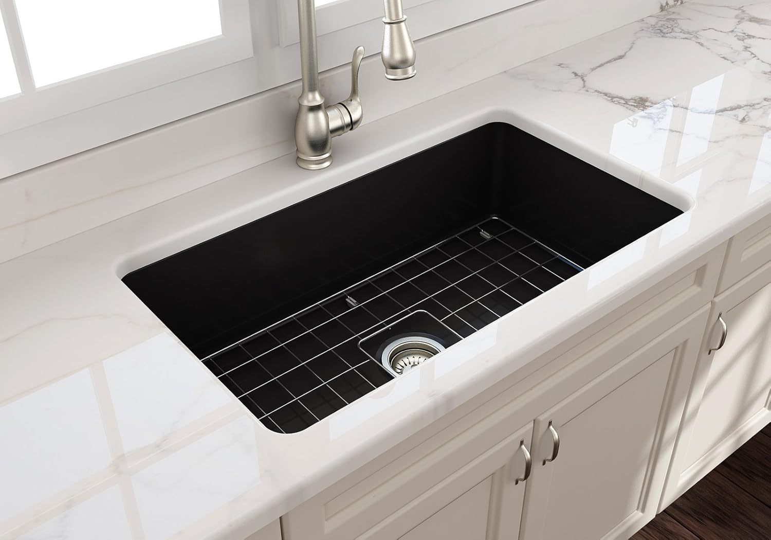 BOCCHI Sotto Dual-Mount Fireclay 32 in. Single Bowl Kitchen Sink with Protective Bottom Grid and Strainer in Matte Black
