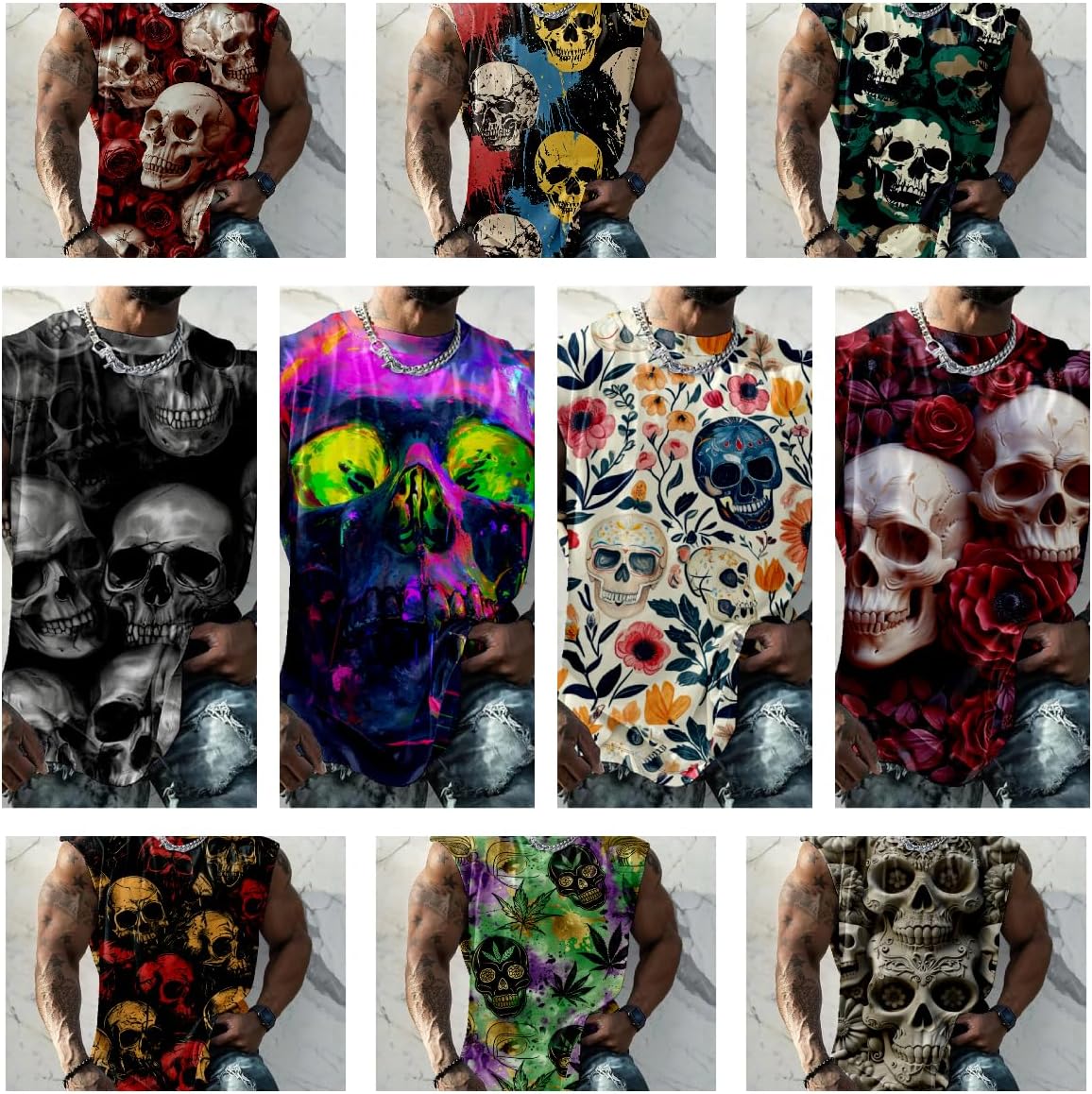 Graphic Tank Tops Men Skull Printed Sleeveless Summer Oversized Loose Gym Workout Breathable Sportswear - Image 6