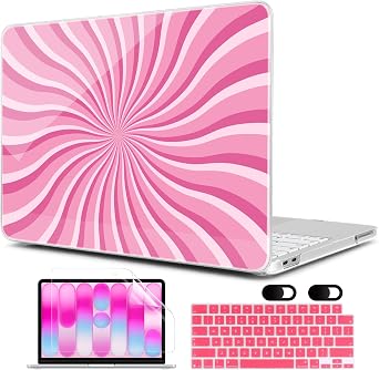 MEEgoodo 4-in-1 Printed Case for MacBook Neo 13 inch 2026 Release Model A3404, Laptop Hard Shell Cases with Keyboard Skin & Screen Protector & Webcam Covers, Pink & White Swirl