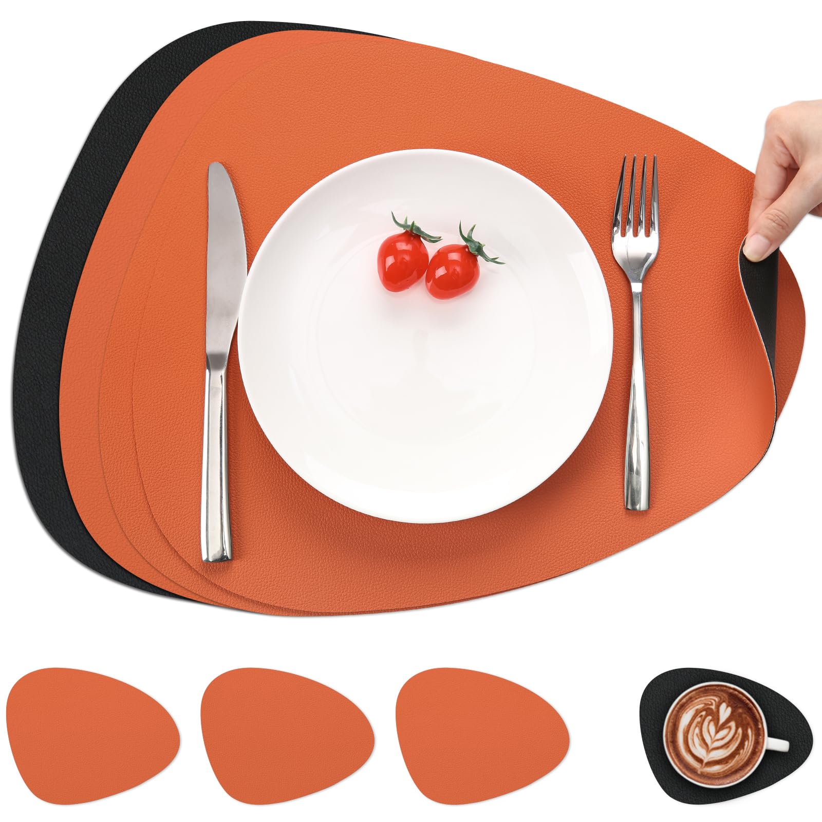 Myir JUN Tischsets Leder und Untersetzer, Tischsets Abwaschbar Rund Doppelseitigen rutschfest Platzdeckchen Leder Kunstleder Tischset Lederoptik Platzset (Schwarz Orange, Satz von 4)
