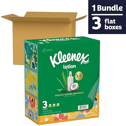 Miniatura 2 de Kleenex Loción calmante para pañuelos faciales con aceite de coco, 3 cajas planas, 120 pañuelos por caja, 3 capas (360 tejidos en total), el