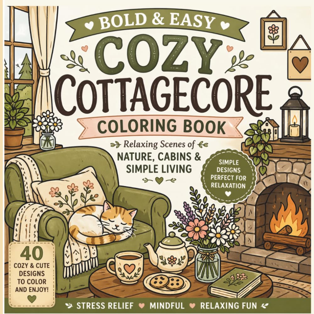 Bold & Easy Cozy Cottagecore Coloring Book | Relaxing Scenes Of Nature, Cabins & Simple Living: Simple & Relaxing Scenes for Stress Relief for Adults (Cozy Coloring Collection)