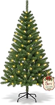 5FT Pre-Lit Artificial Christmas Tree with 100 LED Lights, 8 Modes Flashing & Steady, UL-Listed Transformer, 350 Branch Tips, Gloves Included Medium Indoor Xmas Tree for Home Office
