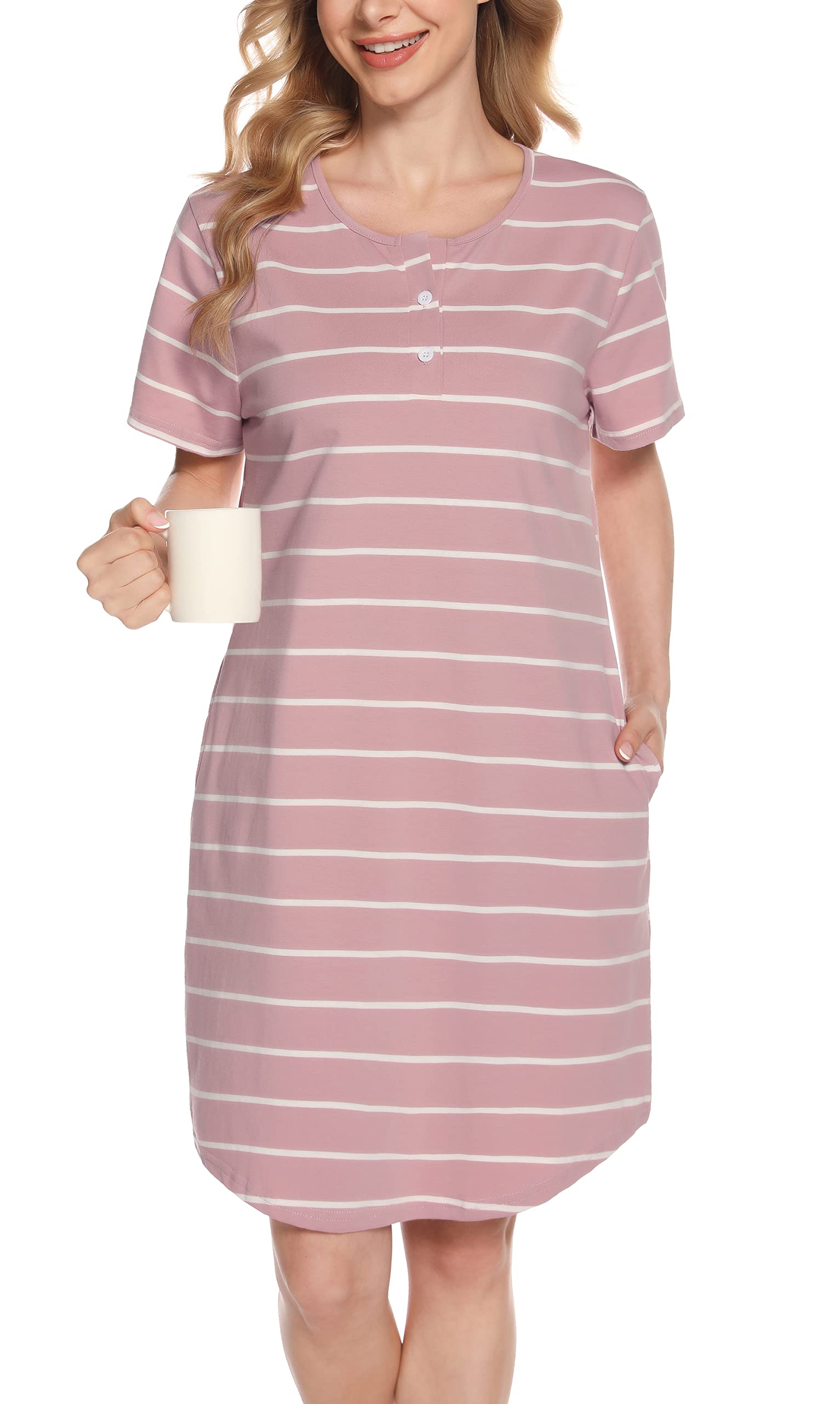 Lovasy Camisones de Mujer Algodon Camison Mujer Dormir Botones Camisón Señora Mayor con Bolsillos