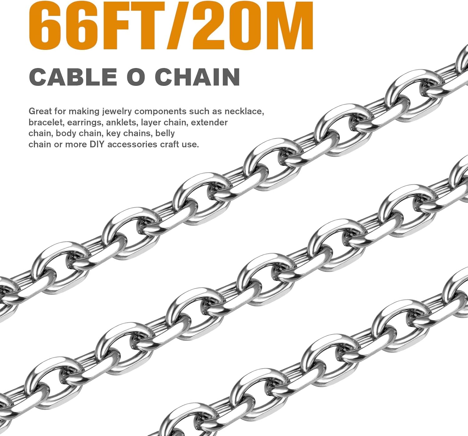 66 Feet Stainless Steel Rolo Cable Chain Bulk, 3.0mm 304 Stainless Steel Diamond-Cut Oval Rolo Cable Link Chains Roll Spool for Jewelry Making