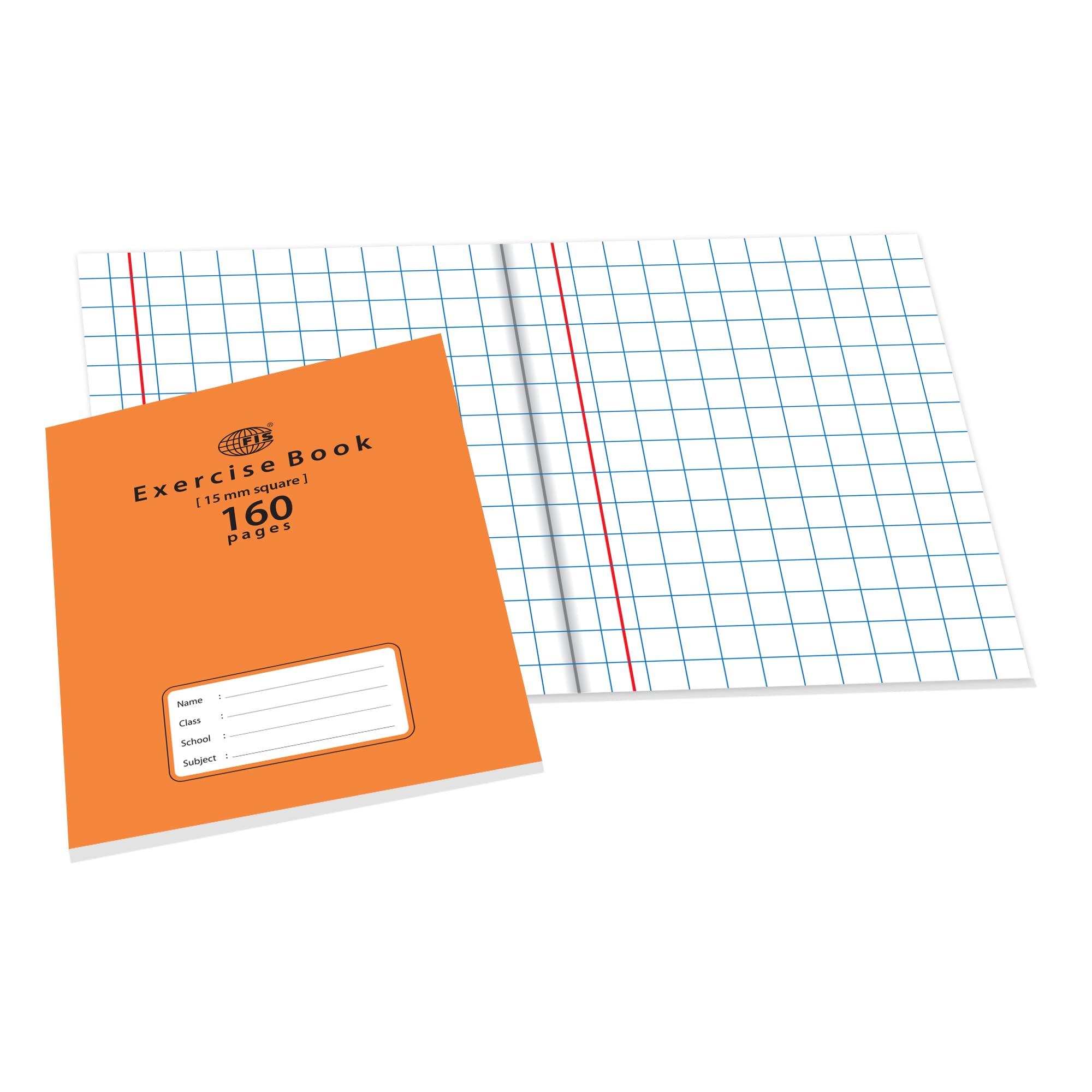 FISExercise Book, Size 165x210mm, 80 Sheets, 160 Pages, 15mm Square Gridlines with Left Margin, Packet of 12 Pieces, Neon Orange Cover with Mathematical Info-FSEBSQ15160N