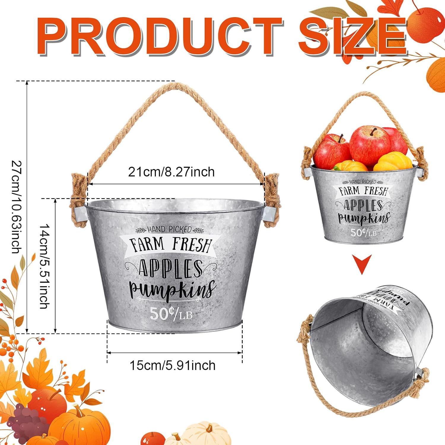 Honeydak 2 Pcs 8x5.5'' Fall Galvanized Bucket Metal Bucket with Rope Handle