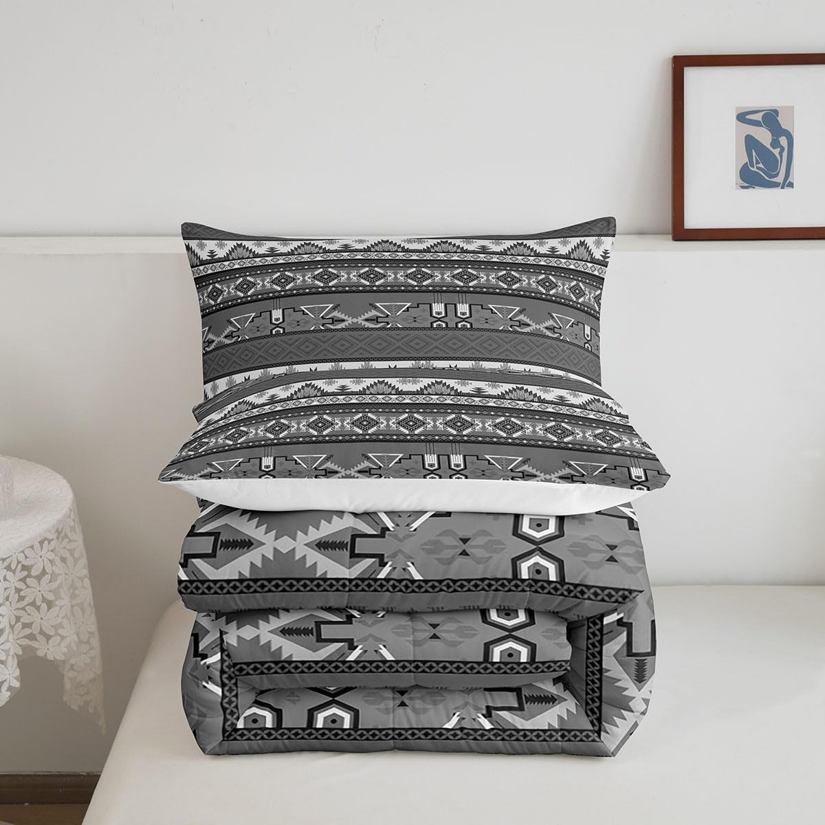 Erosebridal Southwestern Comforter Set Western Tribal Rustic Aztec Bedding Set for Women Men Native American Quilt Country Hobo Bohemian Down Comforter Queen Geometric Gray Striped - Image 4