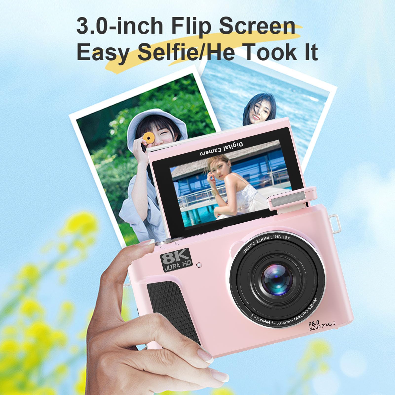 Dpofirs Camera Digitale 8k per Fotografia, Fotocamera Vlogging WiFi da 88 MP, Zoom Digitale 18x, con Schermo a Flip da 180 Gradi da 3 Pollici, con Tappo per Lenti, Videocamere, per (PINK)