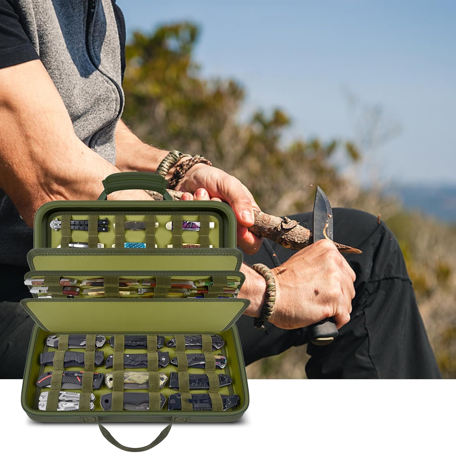 casmilee Large Knife Display Case - 88 Slot Folding Knife Storage Bag for Pocket Knife Collection, Butterfly Knives, EDC, Tactical, Survival, Outdoor, Kitchen - Hard EVA Organizer Roll (Green)