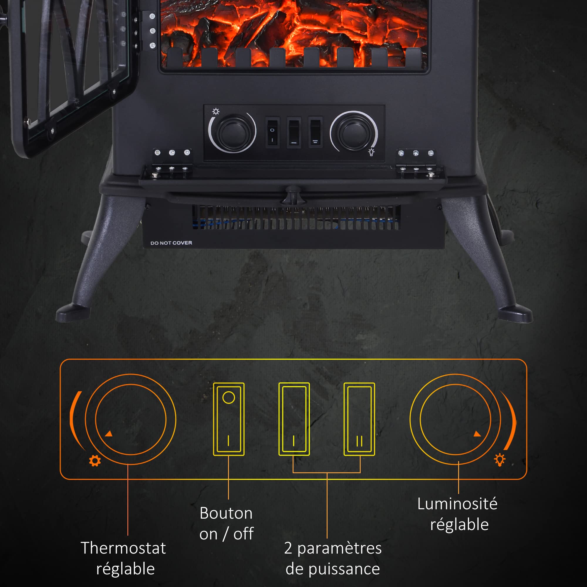 HOMCOM Cheminée électrique sur Pied 1000/2000 W, Fausse cheminée décorative avec Effet Flamme LED, Protection Contre la surchauffe, Zone de Couverture 15-30 m², Noir