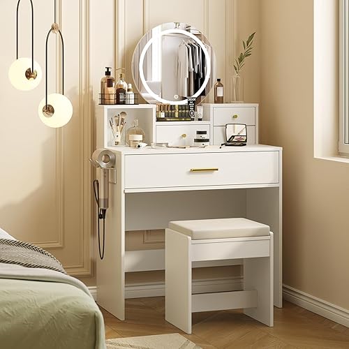 Vanity Desk with Lighted Mirror, Wood Makeup Table with Charging Station, Modern Makeup Vanity with 3 Lighting Modes, White Vanity Desk, Dressing Table for Bedroom Girl Women