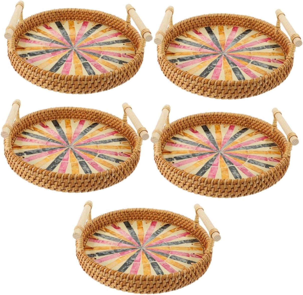 Cabilock 5pcs double handle tray willow tray woven food tray sundries basket boho home decor round wicker basket farmhouse weaving baskets bathroom storage tray desk tray bread Wood Vietnam