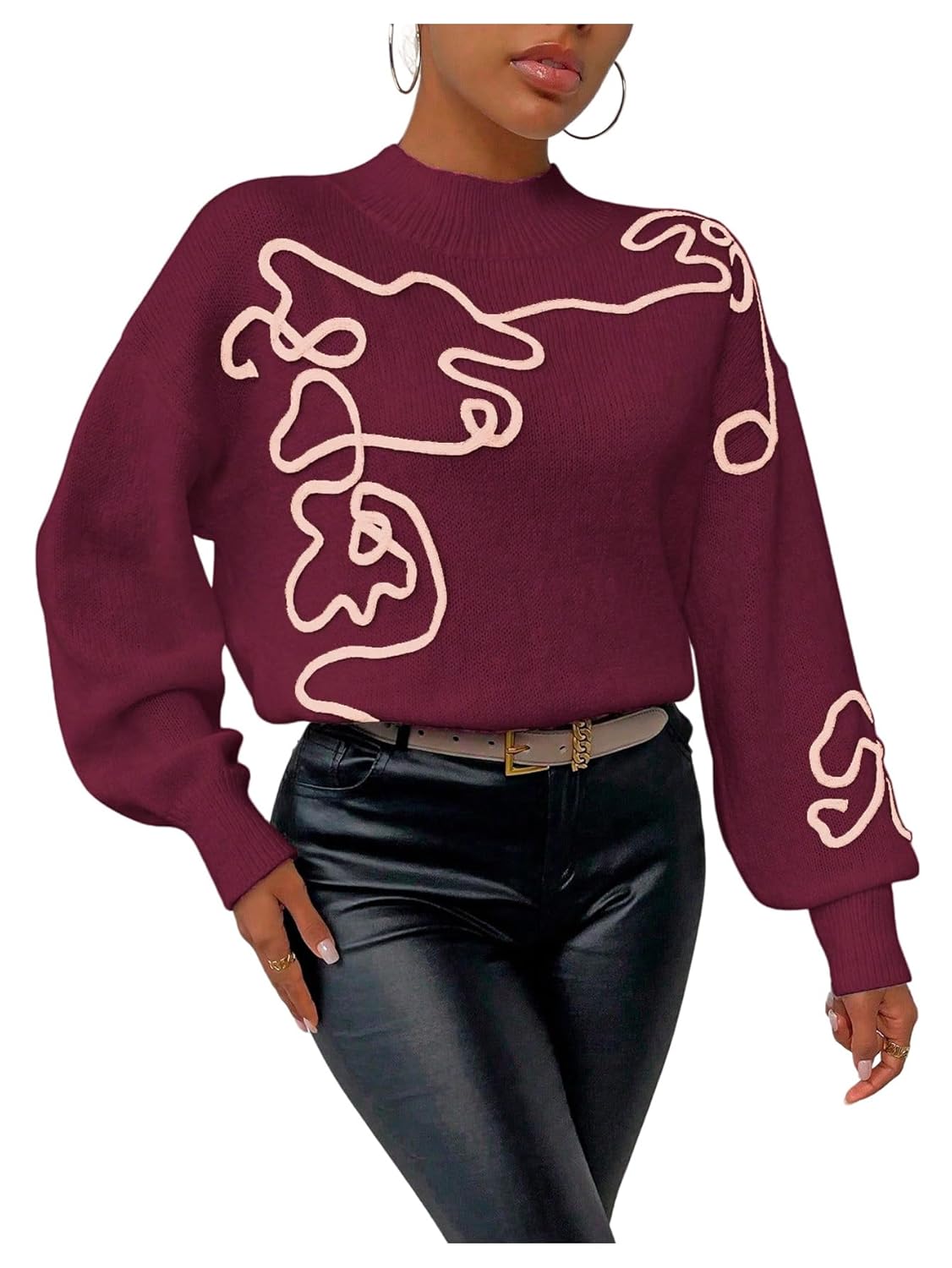 Milumia Womens Graphic Mock Neck Sweater Long Lantern Sleeve Drop Shoulder Casual Pullover Tops