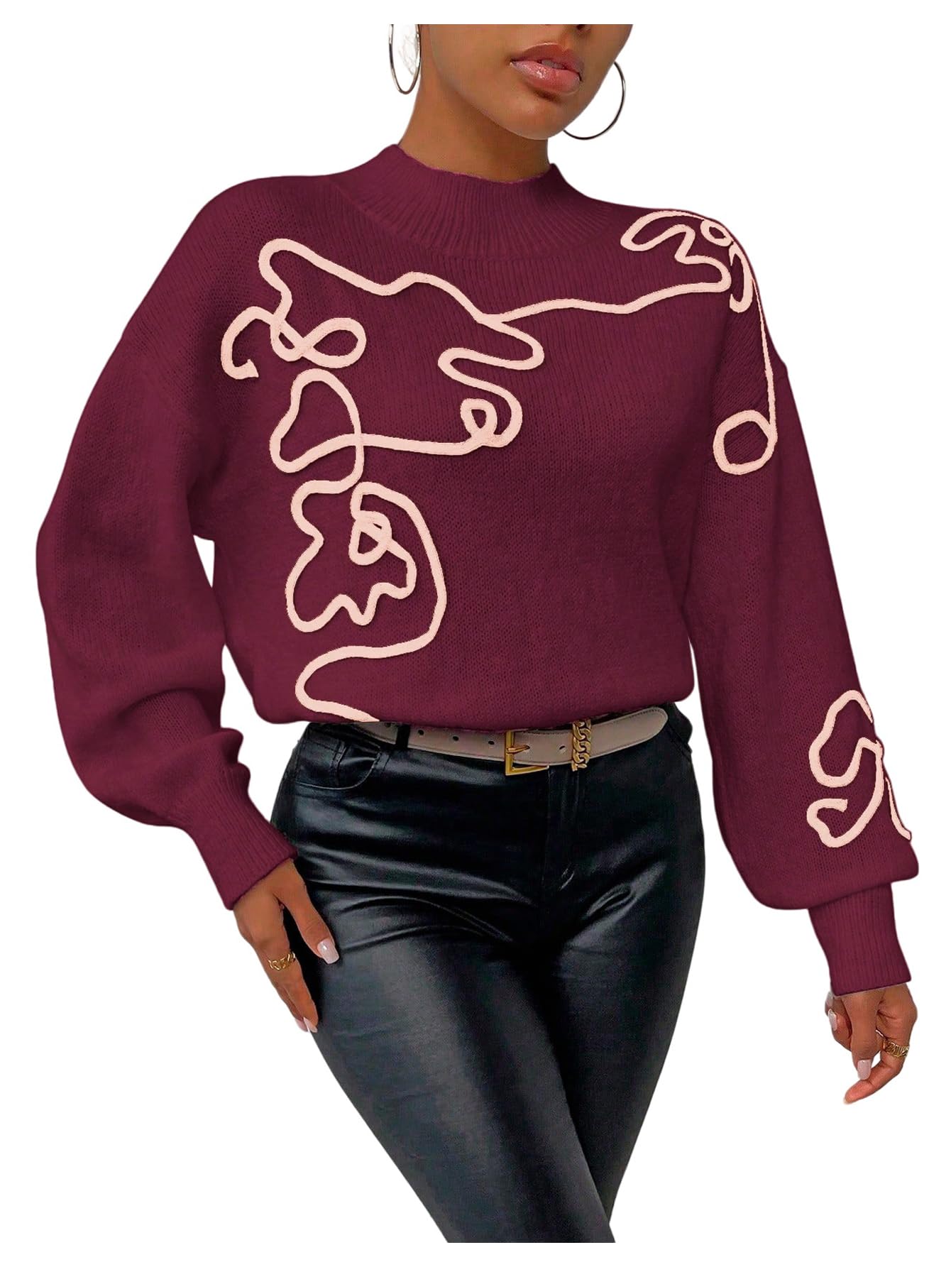 Milumia Womens Graphic Mock Neck Sweater Long Lantern Sleeve Drop Shoulder Casual Pullover Tops