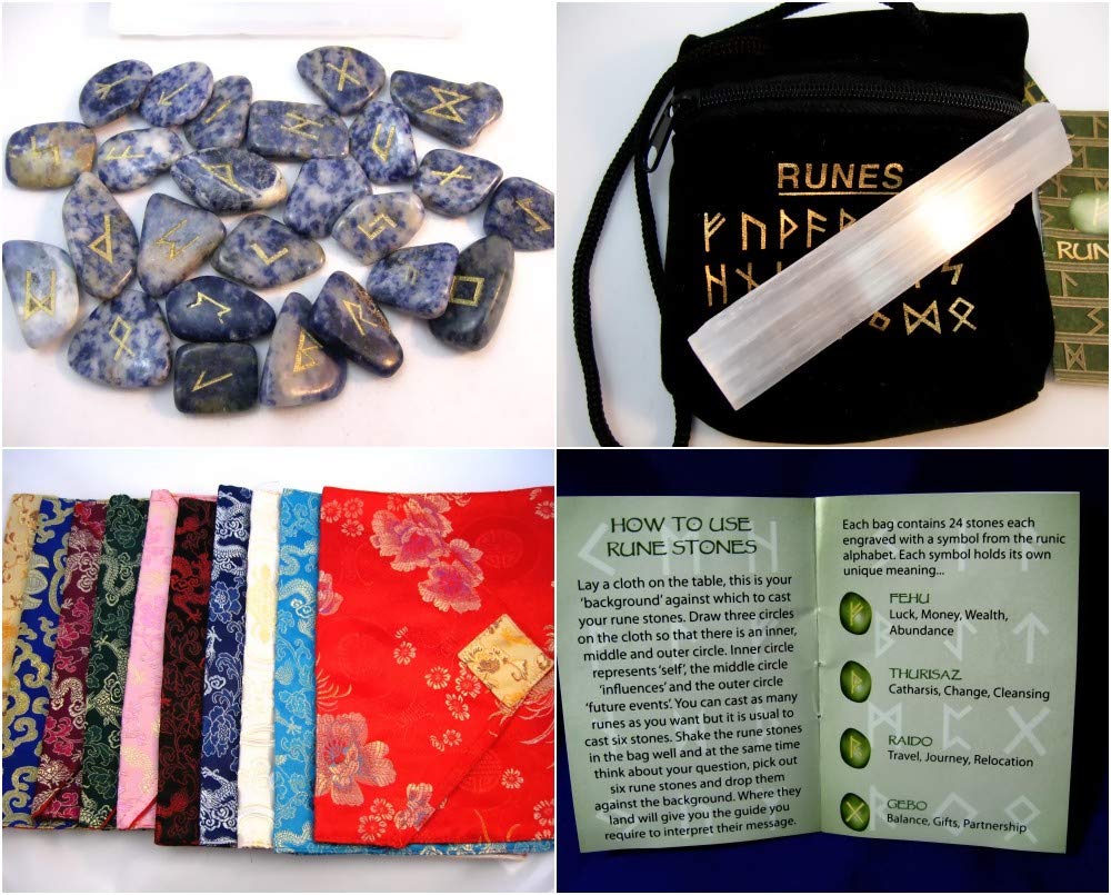 Ascension777 PAG021F SODALITE KIT Rune Stones (Elder Futhark Alphabet) + Selenite Stick + Brocade Pouch + Black Velvet Bag + 7-Page Instructions