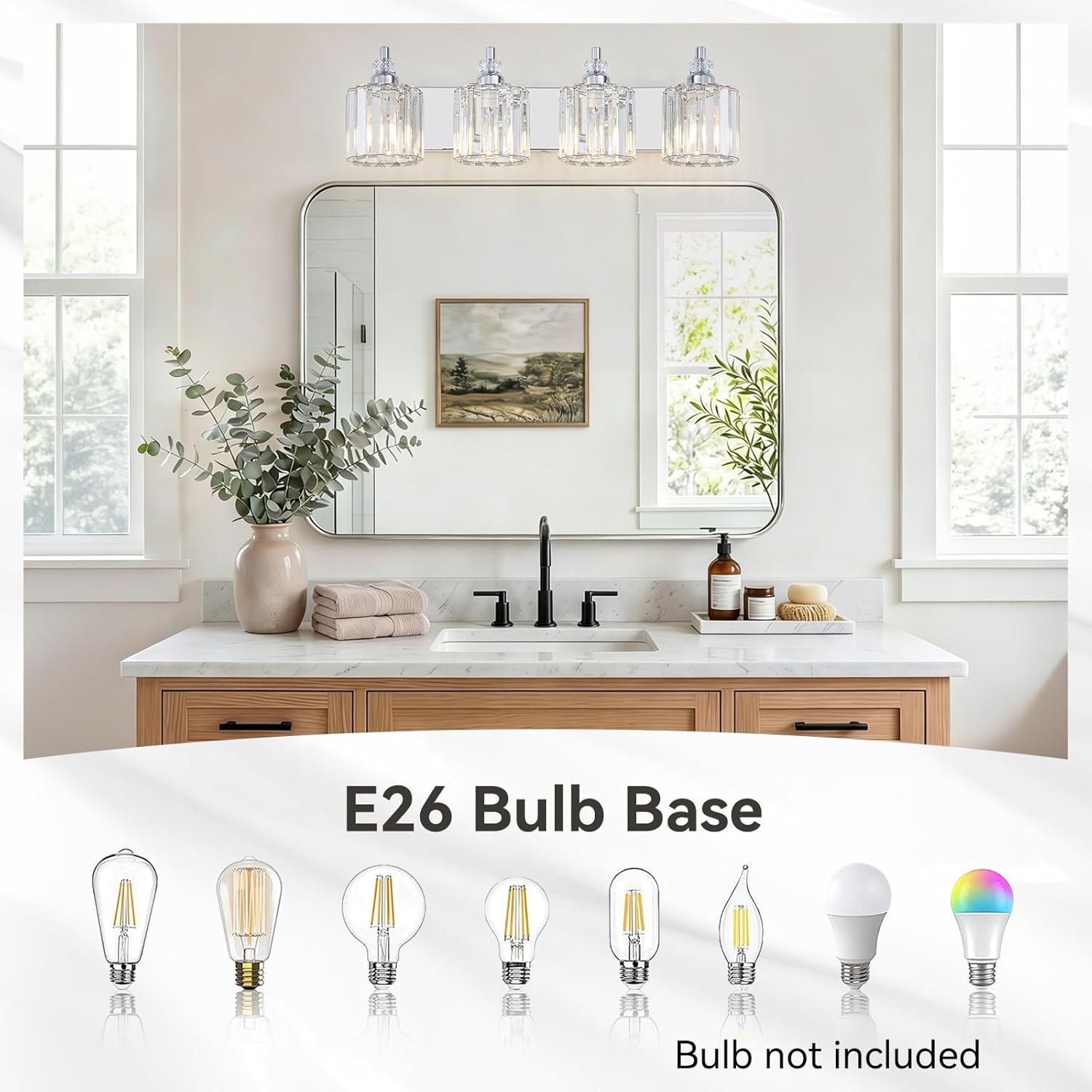 4-Light Modern Bathroom Light Fixture Chrome Bathroom Vanity Lights Over Mirror Wall Sconce Lighting with K9 Crystal Shades E26 Base for Bedroom, Living Room, Hallway, Cabinet Wall Lamp