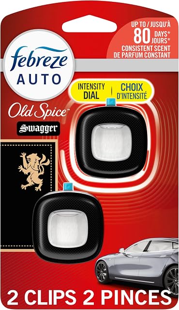 Febreze AUTO Air Freshener, Odor-Fighting Automotive Vent Clip, Scented Car Accessories, Long Lasting for Strong Odors, Old Spice Swagger, 2 Count