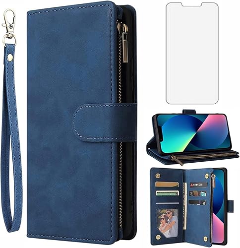 Asuwish Funda compatible con iPhone 13 de 6.1 pulgadas, protector de pantalla de vidrio templado y funda magnética con tapa abatible, funda para