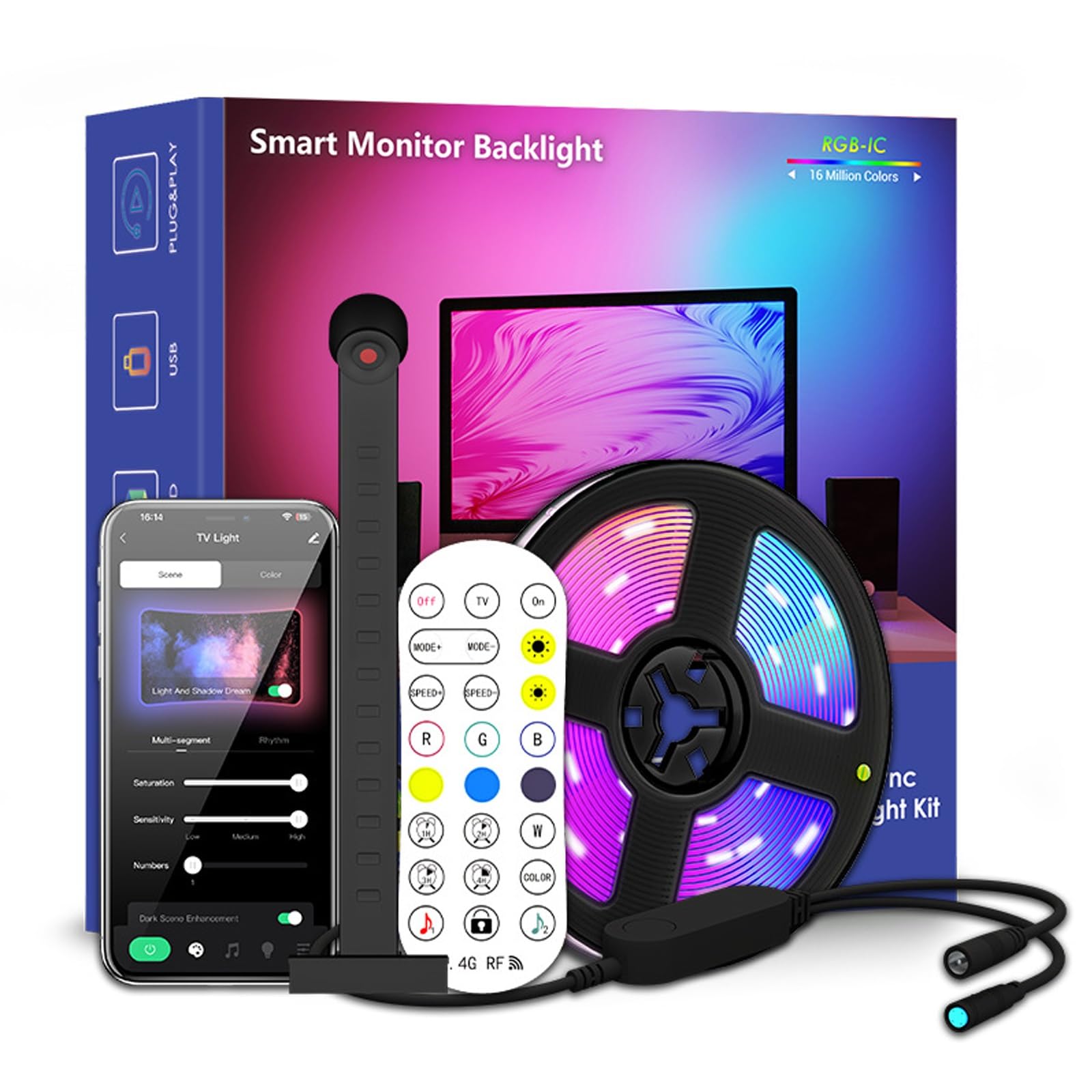 Luce LED Intelligente per TV, Retroilluminazione TV A Colori Fai da Te con Effetto RGBIC per Lo Schermo TV 4 Luci Sincronizzate con Il Ritmo Adatto per La Decorazione dello Sfondo TV