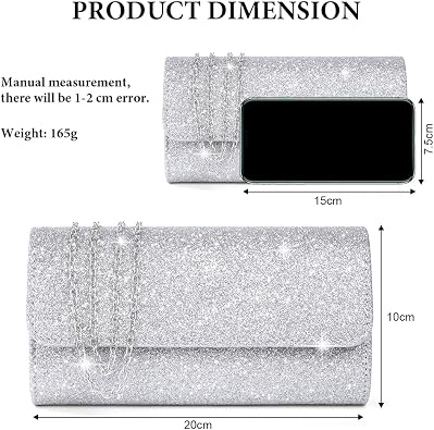 OSDUE Evening Bag Clutch Purses, Rhinestones Purse Silver Sparkling Wedding Party Purse Envelope Evening Bag with Detachable Chain for Women