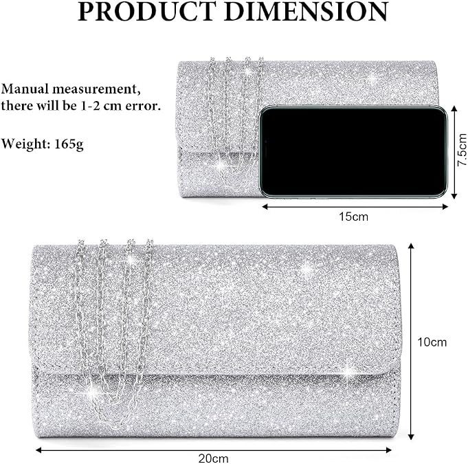 OSDUE Evening Bag Clutch Purses, Rhinestones Purse Silver Sparkling Wedding Party Purse Envelope Evening Bag with Detachable Chain for Women