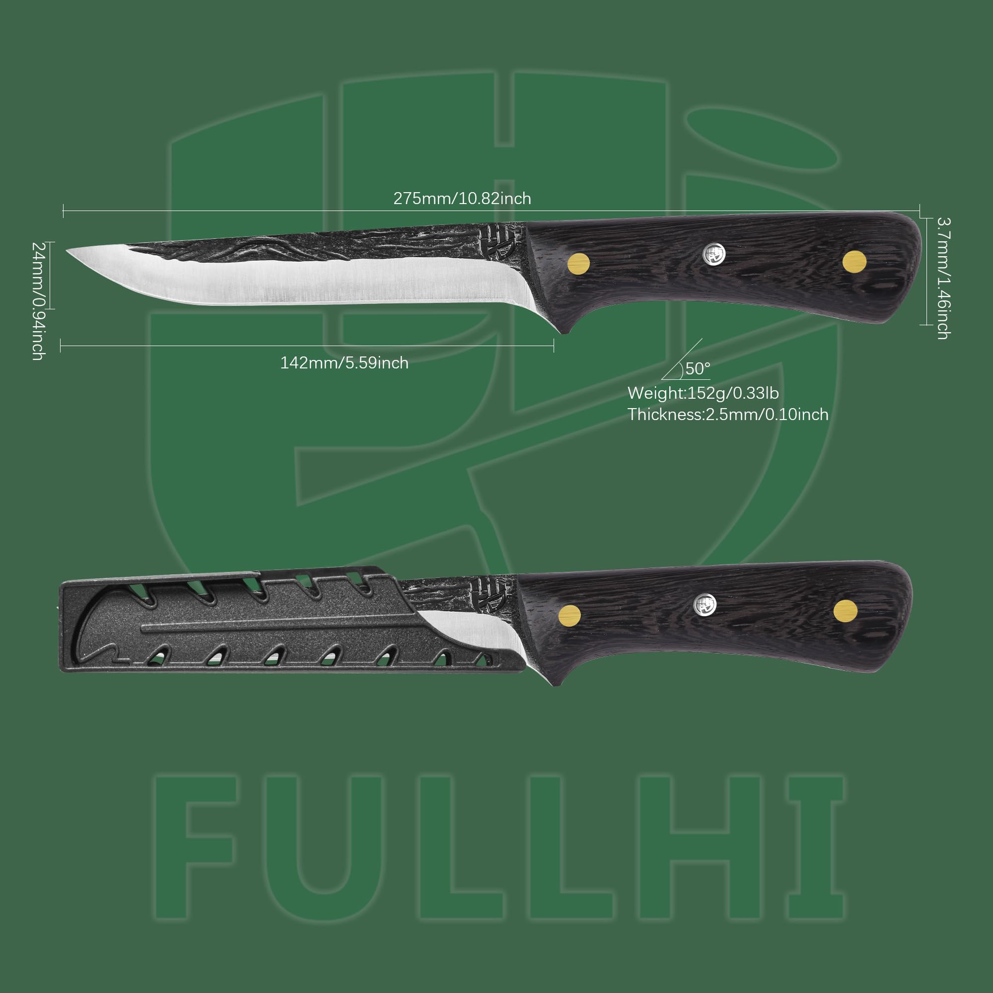 FULLHI 2pcs Manico in legno per disossare con fodero, coltello da pesca in acciaio ad alto tenore di carbonio per affettare e disossare, per cucinare in campeggio e per il barbecue. (Marrone, 14.1cm)
