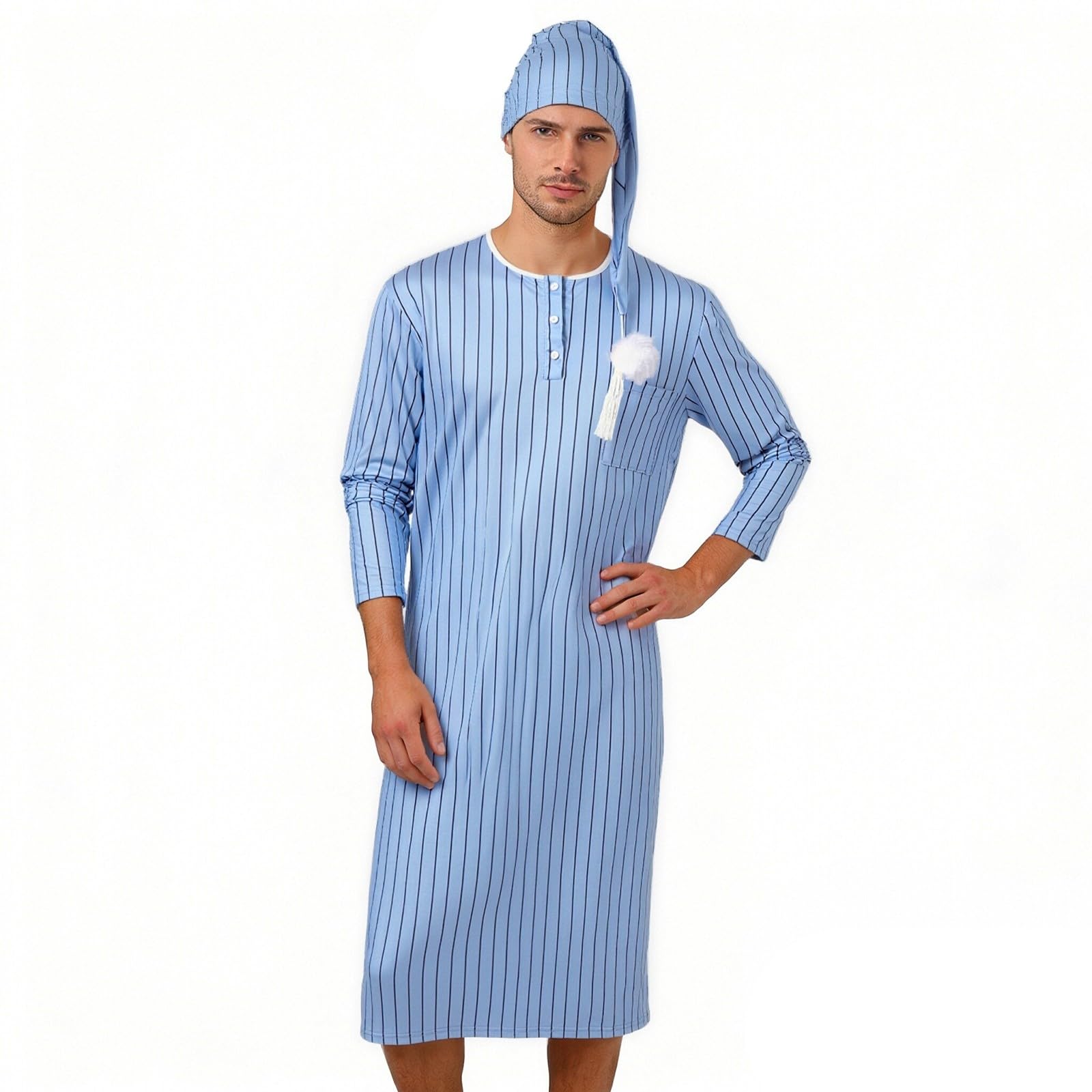 Pijama cómodo tipo camisón de rayas para hombre con bata larga suave 7