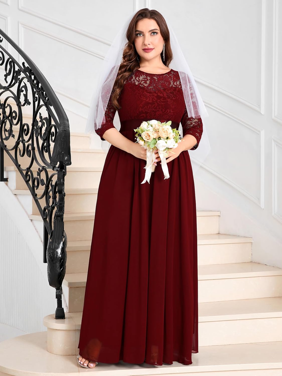 CYCLAMEN Plus Size Formal Lace Chiffon Dress Elegant 3/4 Sleeves Maxi Evening Gown Wedding Bridesmaid Party Dresses - Image 5