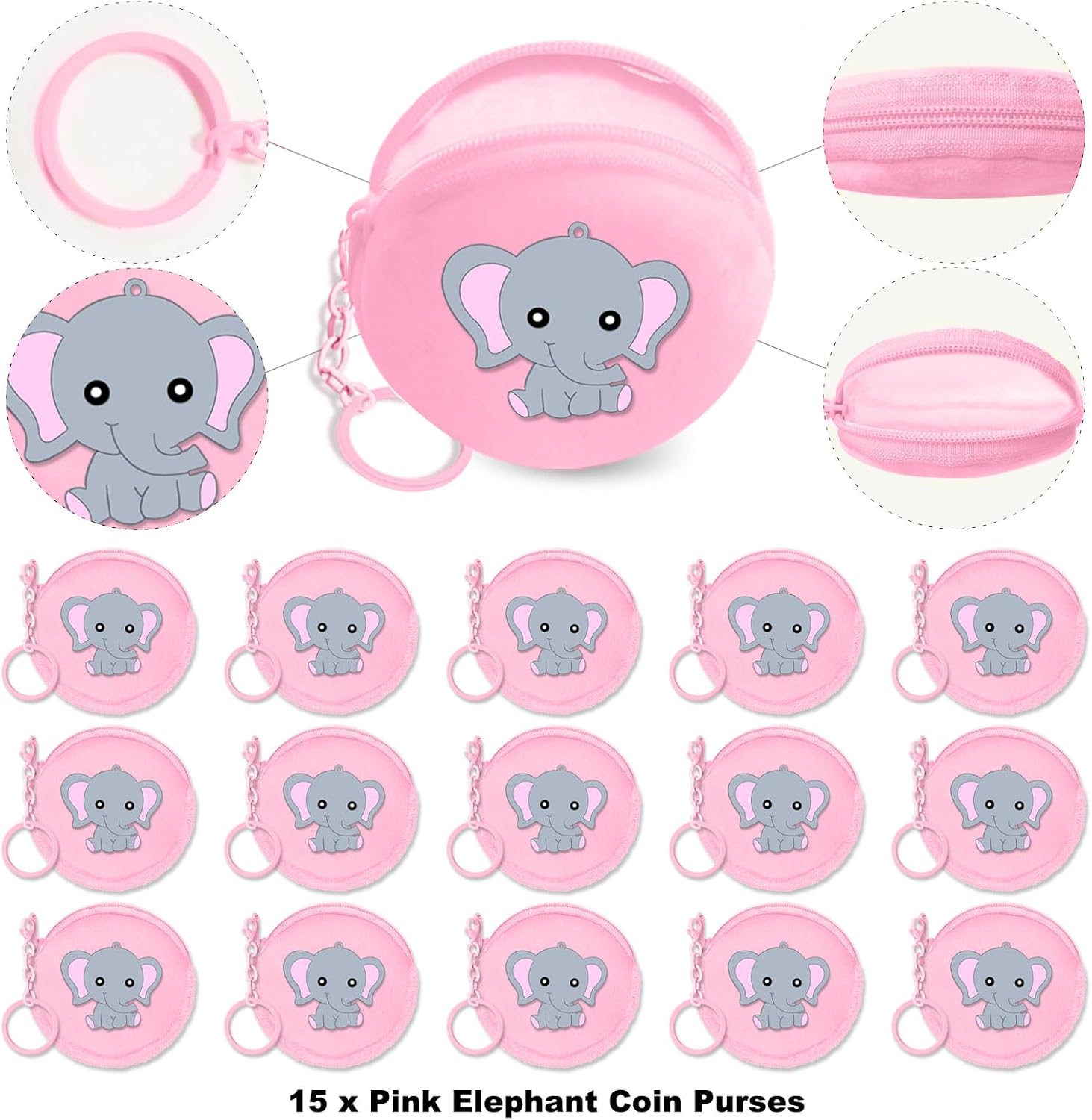 15 Pack Pink Elephant Coin Purse with Zipper Keychain,Wallet Bag Party Favors for Elephant Birthday Party Decoration,Animal Themed Baby Shower,School Carnival Rewards,Travel,Classroom Prize - Image 2
