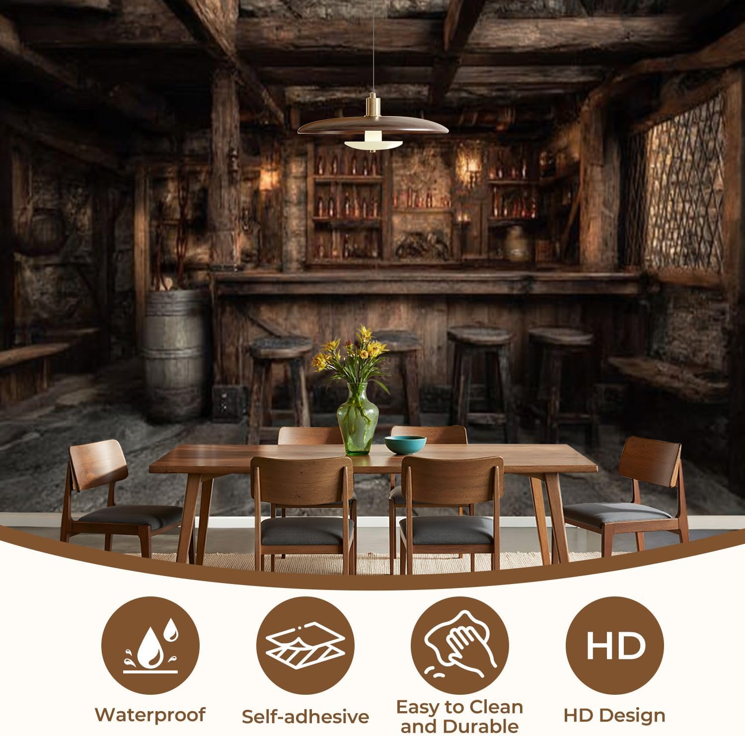 Wall Mural Peel and Stick Medieval Tavern bar Wooden stools Stone Floor lit by Hanging Candles Wallpaper Self Adhesive Removable Large Wall Stickers Home Decor for Living Room Bedroom 100"x144"
