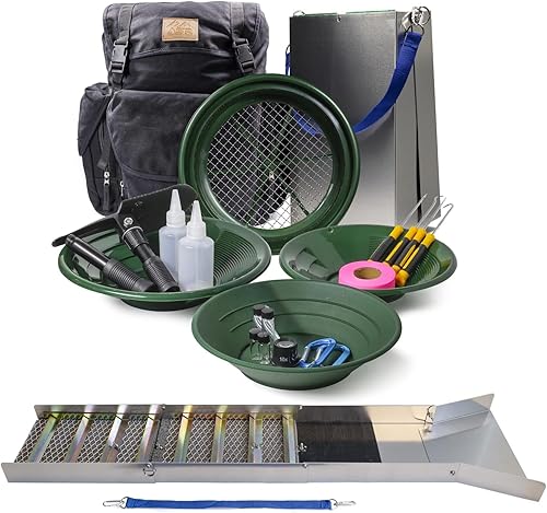 ASR Outdoor 24pc Deluxe 50" Aluminum Folding Gold Sluice Box Kit Gold Panning Tools Backpack Kit, Black Negro